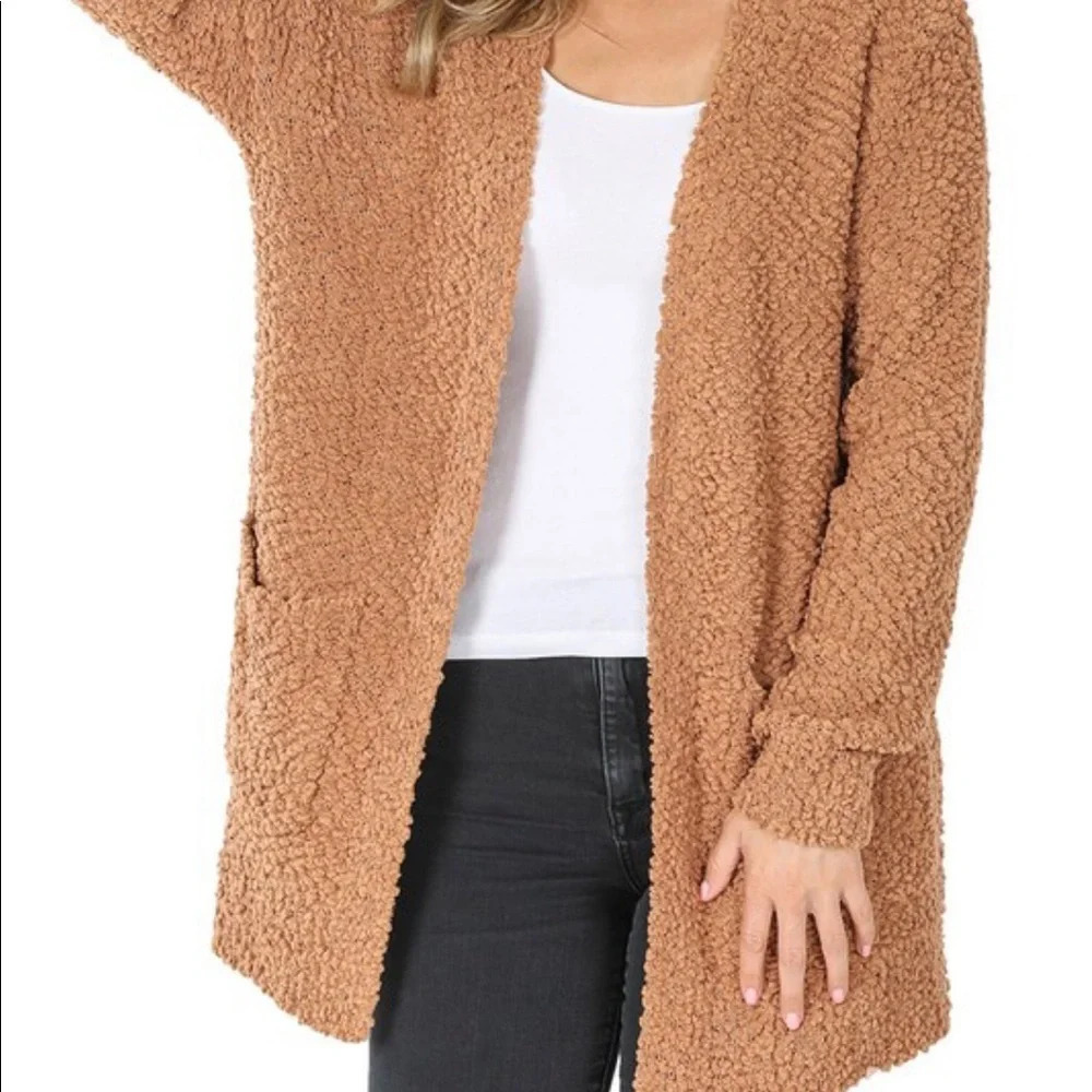 NWT zenana Boutique Deep camel open front popcorn cardigan sweater sz S - Picture 3 of 10
